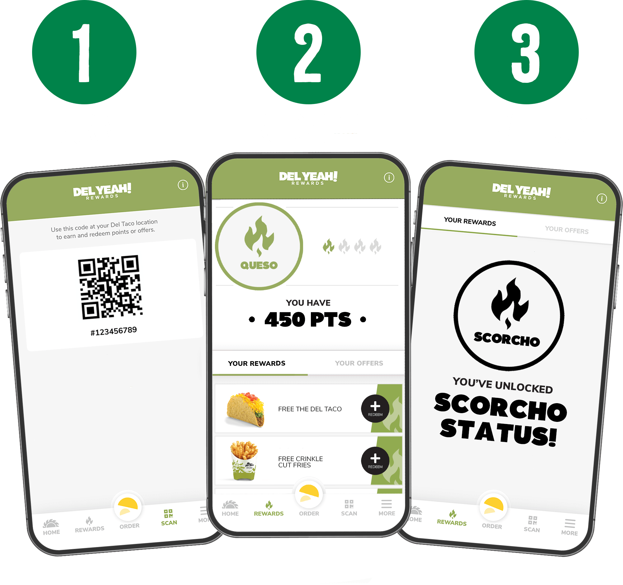 1. Earn, 2. Redeem, 3. Level Up